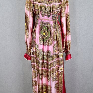 1960s 1970s - Pink Paisley Print Maxi Dress - Kaftan - Resort Wear - Beach Cover Up 