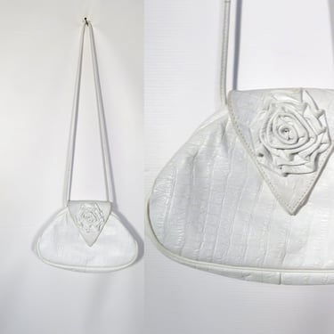 Vintage 80s White Leather Crossbody Purse With Rose Detail And Hinge Opening 