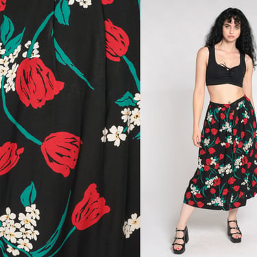 Floral Midi Skirt 90s Black Red Pendleton Summer Skirt Boho Print High Waisted 1990s Long Vintage Hippie Festival Rayon Small S 