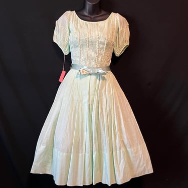 1950s mint lace day dress cotton fit n flare frock small new old stock 