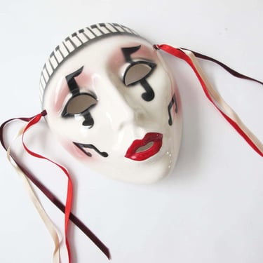 80s Ceramic Clown Mask - White Harlequin Painted Piano Keyboard Music Notes Face Wall Hanging 