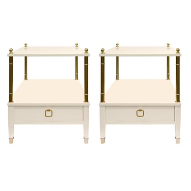Jansen Pair of End Tables in Ivory Lacquer and Brass France 1950s (Signed)