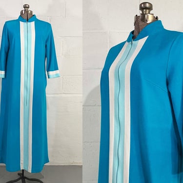 Vintage Teal Blue Velvet Robe Zip Front Maxi Long Sleeve Vanity Fair 1970s White Striped Mod Costume Halloween PJs Pajamas Housecoat XL 