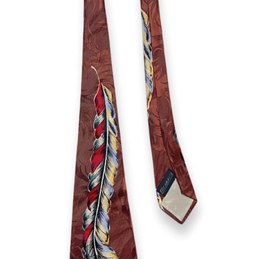 Vintage 1940s COCHRAN'S Feather Print Necktie ~ Art Deco / Atomic / Rockabilly / Swing ~ Neck Tie / Cravat ~ Brocade ~ Belly Warmer 