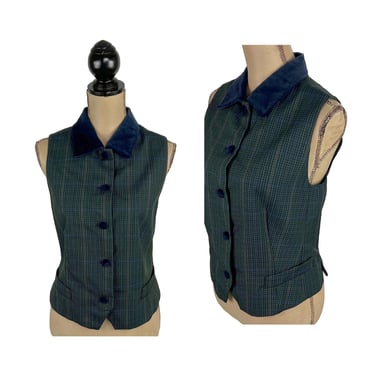 90s Tailored Wool Blend Vest Medium, Dark Blue Plaid Micro Check, Button Up Waistcoat with Velvet Collar, 1990s Clothes Women Vintage 