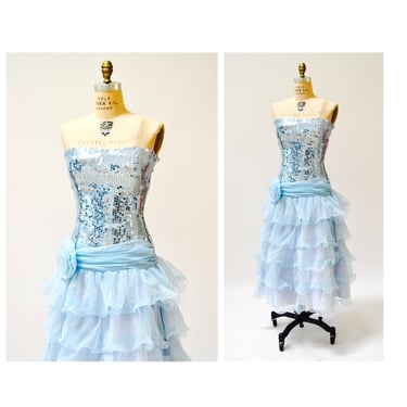80s 90s Prom Dress Metallic Sequin Blue Ruffle Dress Small Medium// Vintage 80s Party Dress Strapless Princess Cinderella Fairy Dress Small 