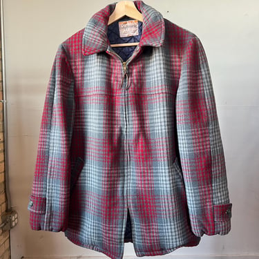 Large, Vintage 1950s Wool Grey and Red Chippewa Plaid Jacket, Quilted Jacket 