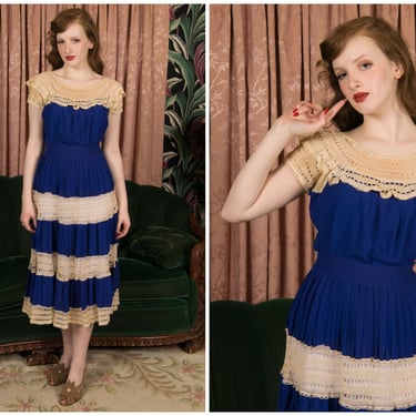 1940s Dress Set- Rare Vintage 40s Royal Blue and Ivory Patio Style Peasant Set in Rayon with Cotton Lace 
