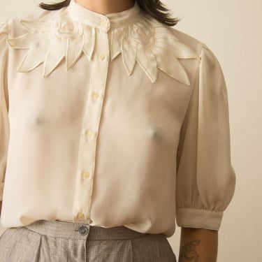 1980s Embroidered Collar Georgette Shirt 