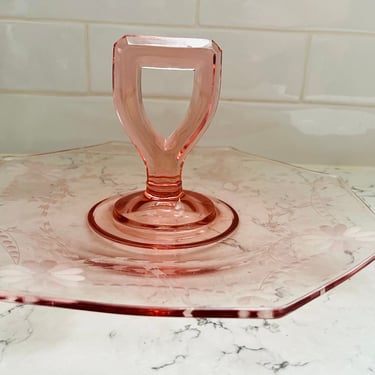 Vintage Pink Floral Etch Glass Depression Glass 8 Side with Handle -11.5 by LeChalet