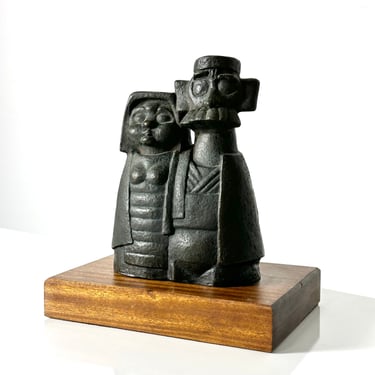Vintage Signed Jovan Obican Bronze Sculpture of Two Figures Folk Art Mid Century Modern 1970s 