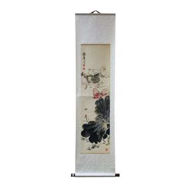 Chinese Color Ink Water Ducks Flower Pond Scroll Painting Wall Art ws1972E 