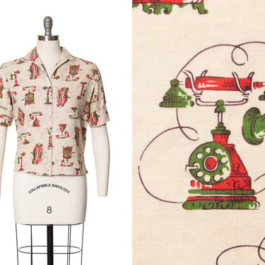 Vintage 1950s Blouse | 50s Novelty Print Antique Telephones Phones Cotton Printed Button Up Shirt Collared Short Sleeve Top (medium) 