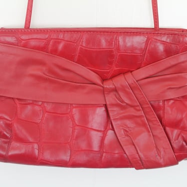 Candy Apple Red - Crocodile Embossed - Leather Crossbody Purse -Handbag 1980s 80s Glam Alligator bag 