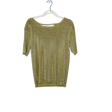 Vintage La Costa Spa Gold Metallic Lurex Short Sleeve Blouse Shirt, Size Large 