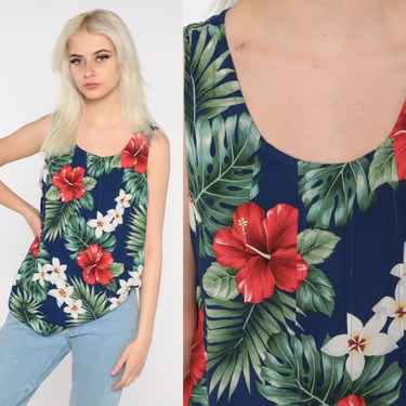 Tropical Floral Tank Top 90s Hawaiian Shirt Sleeveless Blouse Black Hibiscus Flower Print Boho Retro Bohemian Summer Vintage 1990s Medium M 