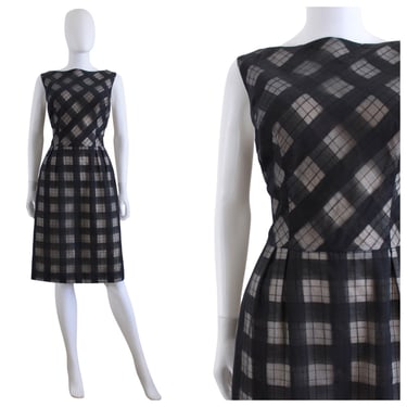 1950s Black & Gray Plaid Sheath Dress - Mid Century Sheath Dress - 1950s Plaid Sundress - 1950s Wiggle Dress - 50s Plaid Dress | Size Small 
