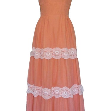 Boho Maxi Dress, Vintage 1970s, Couriers California Maxi Dress, XS Women, Cottagecore, Halter, Lace Trim 