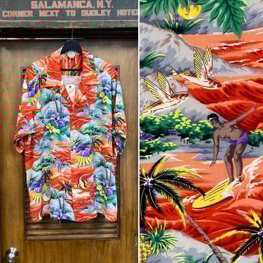 Vintage 1950’s Size XXL “Pali” Surfer Tropical Rayon Hawaiian Shirt, Rare Size, Matching Pockets, 50’s Vintage Clothing 