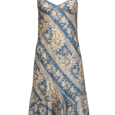 Ralph Lauren - Blue & Cream Paisley & Floral Print Silk Midi Dress Sz 2