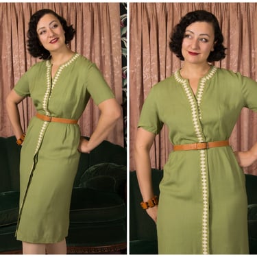 1950s Dress - Smart Vintage 50s Lampl Olive Green Rayon Day Dress with Ivory Trim and Hidden Buttons 