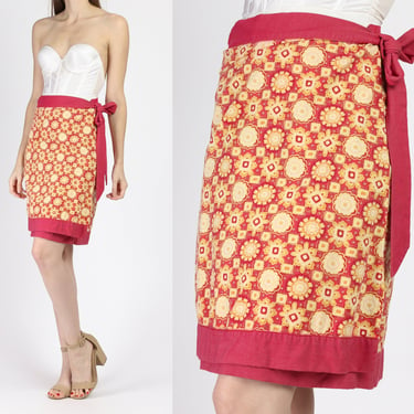 90s Floral Mini Wrap Skirt - Small to Medium | Vintage Boho Red & Yellow Flower Print Miniskirt 