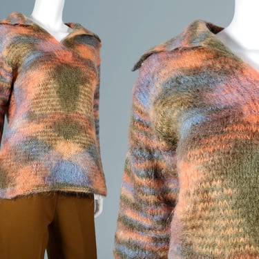 Mod 1960s mohair sweater vintage space dyed hand knit one of a kind pullover large collar (S - M) 