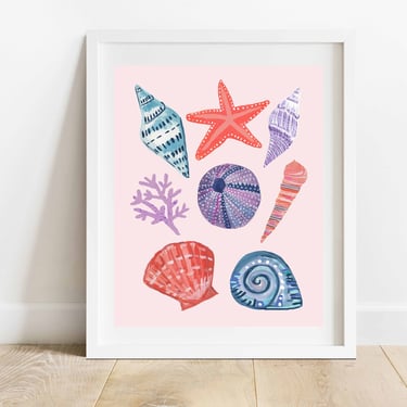 Bright and Colorful Seashells Collage 8 X 10 Art Print/ Pink Beach Themed Illustration/ Ocean Sea Life Wall Art/ Boho Tropical Home Decor 