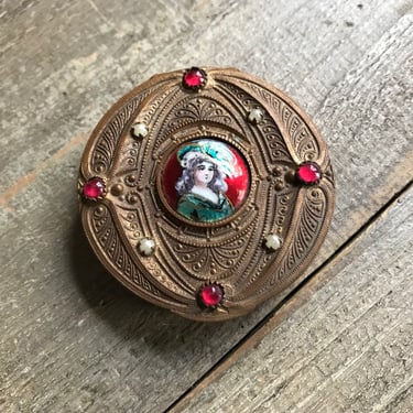 Antique French Enameled Compact, Jeweled, Gilded Bronze, Ladies Portrait Patch Box, Mirrored Compact, Made in France, KH 