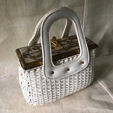 60s florentine gold gilt painted wooden purse / vintage white wicker wooden gilt box top handle purse bag made in Italy 
