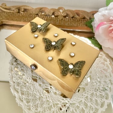 Gold Ornate Jewelry Box, Butterflies, Rhinestones, Hollywood Regency, Trinket Box, Mid Century Vintage 