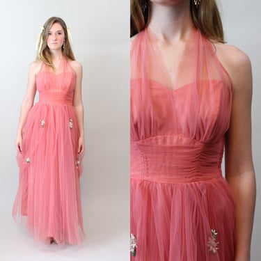 1950s CORAL TULLE halter dress xs  | new spring 