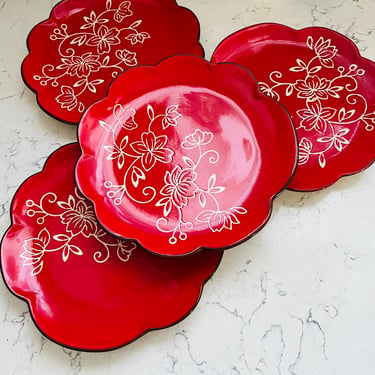 Set of 4 Floral Lace Red by Temp-Tations SALAD 8" Plates by Tara by LeChalet