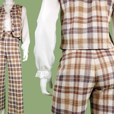 Neutral plaid pantsuit with pleated vest from the 1970s. Textured polyester browns cream grey. High rise gathered vest. (28 waist/37 bust) 
