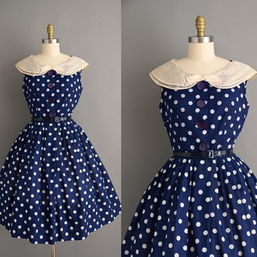 vintage 1950s Dress | L'AIGLON Navy Blue Polka Dot Full Skirt Dress | Medium 
