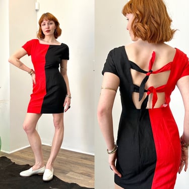 Vintage 1980s Dress / 80s Two-Tone Tie Back Dress / Red Black ( small S ) 