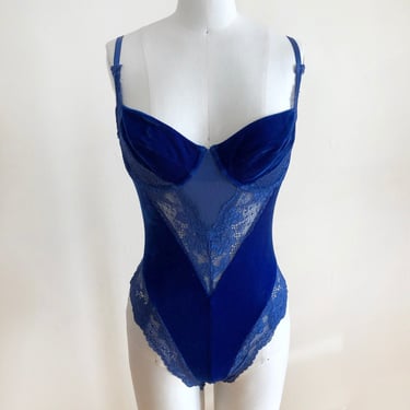 Bright Blue Velvet and Lace Bodysuit - 1990s 