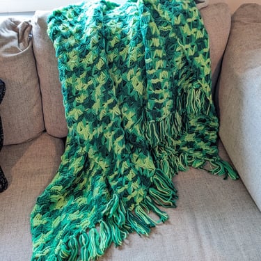 Vintage Multi Tone Green Crochet Handmade Blanket 65