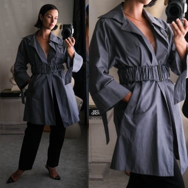 Vintage STELLA McCARTNEY Cool Gray Poplin Swing Overcoat w/ Cinch Belt & Brass Ring Sleeve Straps | Made in Italy | Y2K Designer Jacket 