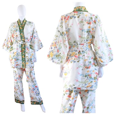 1970s Japanese Floral Pongee Loungewear Set - 70s does 30s Lounging Pajamas - Vintage Lounge Set - Vintage Lounging Pajamas | Size M/L 