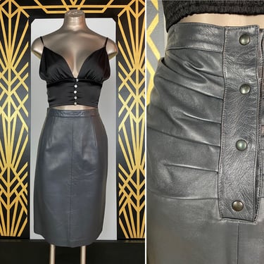 Vintage pencil skirt, sexy, 1980s skirt, charcoal gray leather, ruched back, size small, slim fit, 26 27 waist, reportage, Italian 