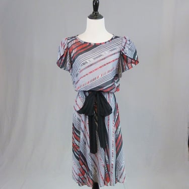 70s 80s Striped Dress - Gray Red Black White - Herringbone Stripes - It's A Lehigh - Vintage 1970s 1980s - M L 