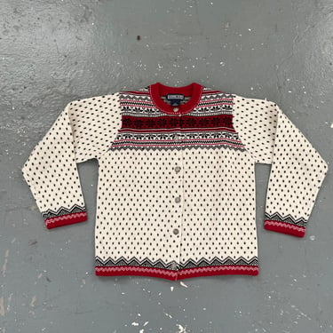 Size Medium 10-12 Vintage 90s Lands End Wool Norwegian Fair Isle Button Up Sweater Youth Multicolor Dale of Norway Style 