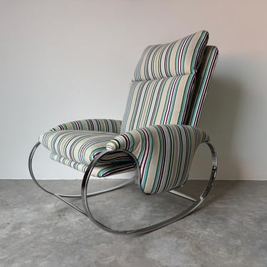 1970s Italian Guido Faleschini Chrome Rocking Chair with Striped Upholstery 