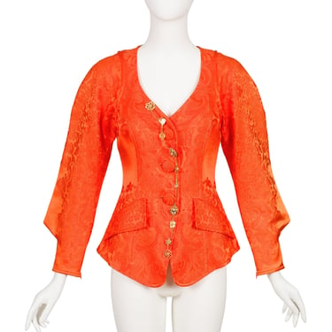 Christian Lacroix 1990s Vintage Orange Jacquard Silk Gold Charm Jacket 