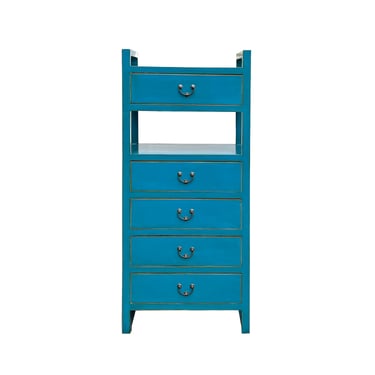 Oriental Bright Benitoite Blue Drawers Open Shelves Chest Cabinet Stand cs7564E 