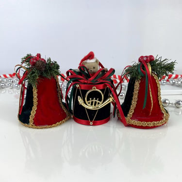 Vintage Bell and Drum Ornament Set of 3, Velvet Red Green Ornaments, Teddy Bear, Trumpet, Pine Cone, Bold Braid, Japan vintage ornaments 