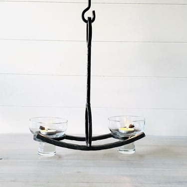 1970’s Modern Danish Handcrafted Iron and Glass Hanging Candle Holder With Extension 12 Inches Tall 10.5 Inches Wide 4.5 Inches Deep 