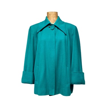 Vintage 1940s Wool Swing Jacket, Bright Teal Mid-Century Coat with Bracelet Length Sleeves, Mid-Century Outerwear Medium, VFG 