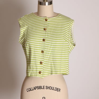 1950s Green and White Striped Knit Gold Button Sleeveless Crop Top Blouse -S 